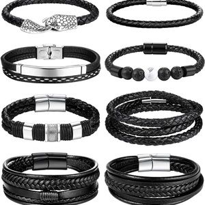 8 PCS Black Leather Bracelets Men Stainless Steel Braided Leather Clasp Closure